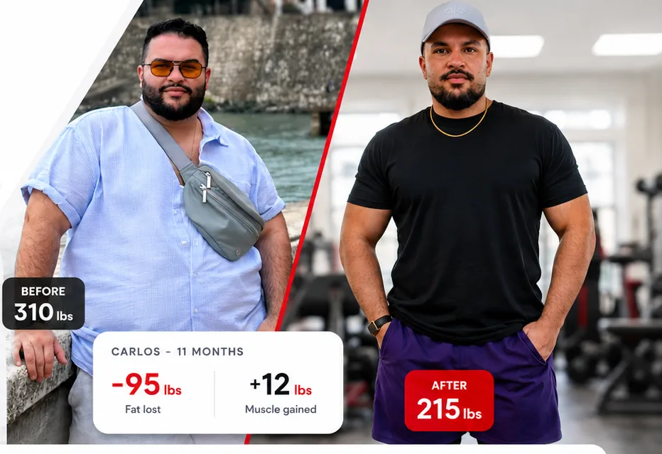 Carlos Velez before at 310 lbs and after at 215 lbs, 11 months on the Apex MD GLP-1 program: 95 lbs of fat lost, 12 lbs of muscle gained
