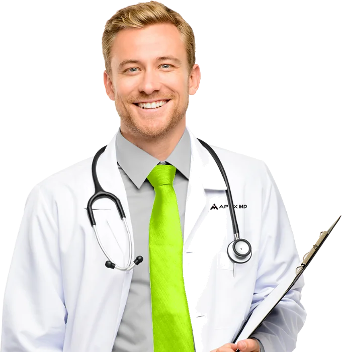 Apex MD provider with a stethoscope and chart